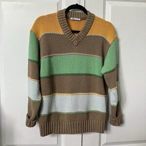 Zara Sweater Mens M Stripe Chunky Knit V-neck Multicolour Cotton Blend